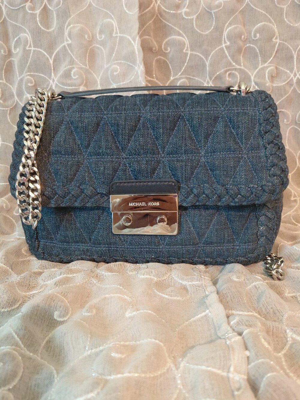 Michael Kors Sloan Large Quilted Denim Chain Shoulder Bag Blue